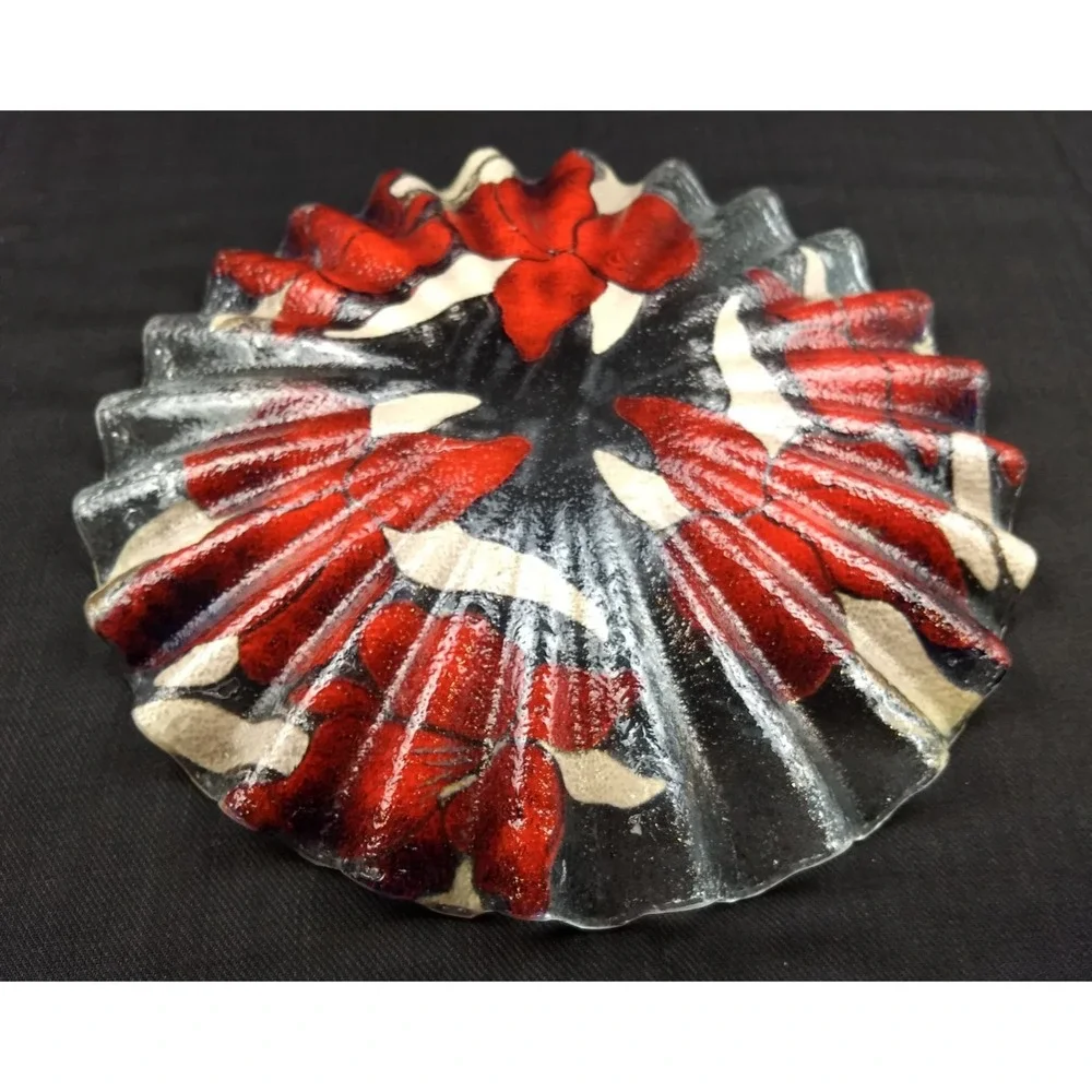 Sydenstricker Art Glass Ruffled Plate Elephant Ear Orchid Purple Red Wavy Signed